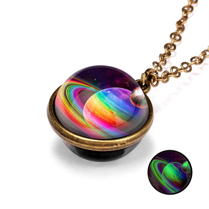 Solar System Universe Space Two-sided Glass Ball Pendant Necklace For Women Men Luminous Moon Sun Earth Planet Necklace Jewelry