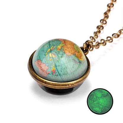 Solar System Universe Space Two-sided Glass Ball Pendant Necklace For Women Men Luminous Moon Sun Earth Planet Necklace Jewelry