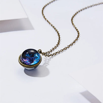 Solar System Universe Space Two-sided Glass Ball Pendant Necklace For Women Men Luminous Moon Sun Earth Planet Necklace Jewelry