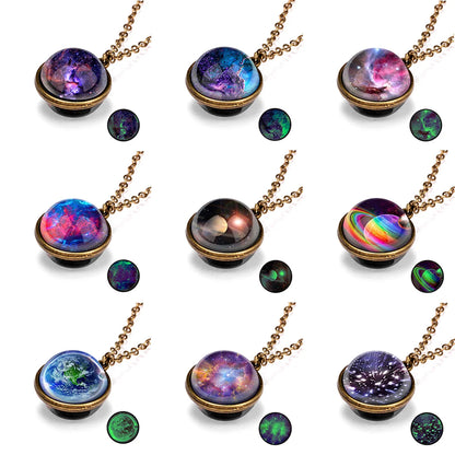 Solar System Universe Space Two-sided Glass Ball Pendant Necklace For Women Men Luminous Moon Sun Earth Planet Necklace Jewelry