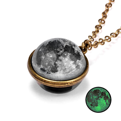 Solar System Universe Space Two-sided Glass Ball Pendant Necklace For Women Men Luminous Moon Sun Earth Planet Necklace Jewelry