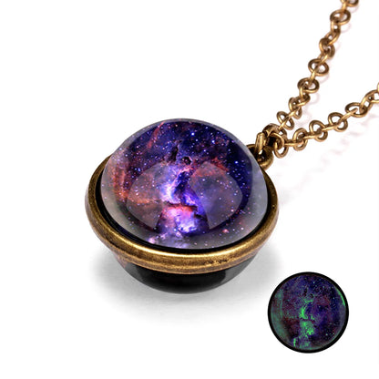 Solar System Universe Space Two-sided Glass Ball Pendant Necklace For Women Men Luminous Moon Sun Earth Planet Necklace Jewelry